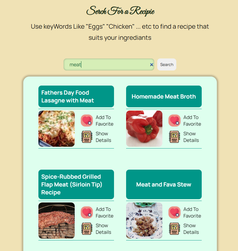 Search interface fetching recipes from the Edamam API